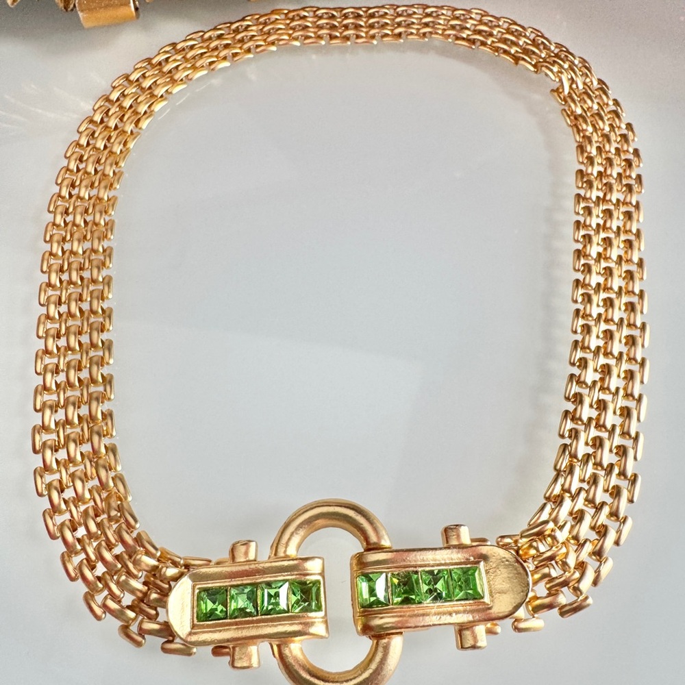 Vintage Monet Gold Tone Mesh Necklace with Green Crystals